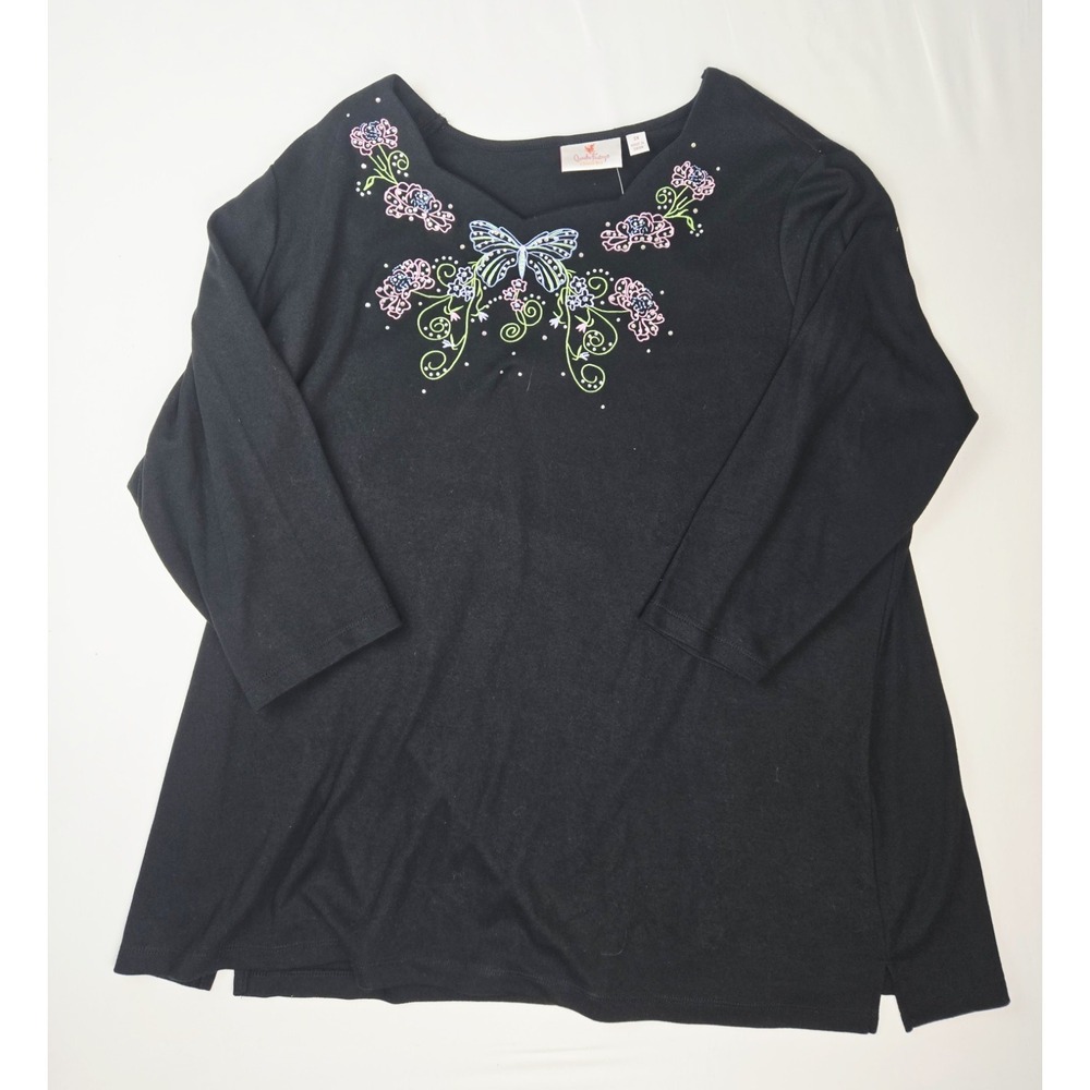 NWT Womens Quacker Factory shirt sz 3X black rhinestone butterfly floral scallop